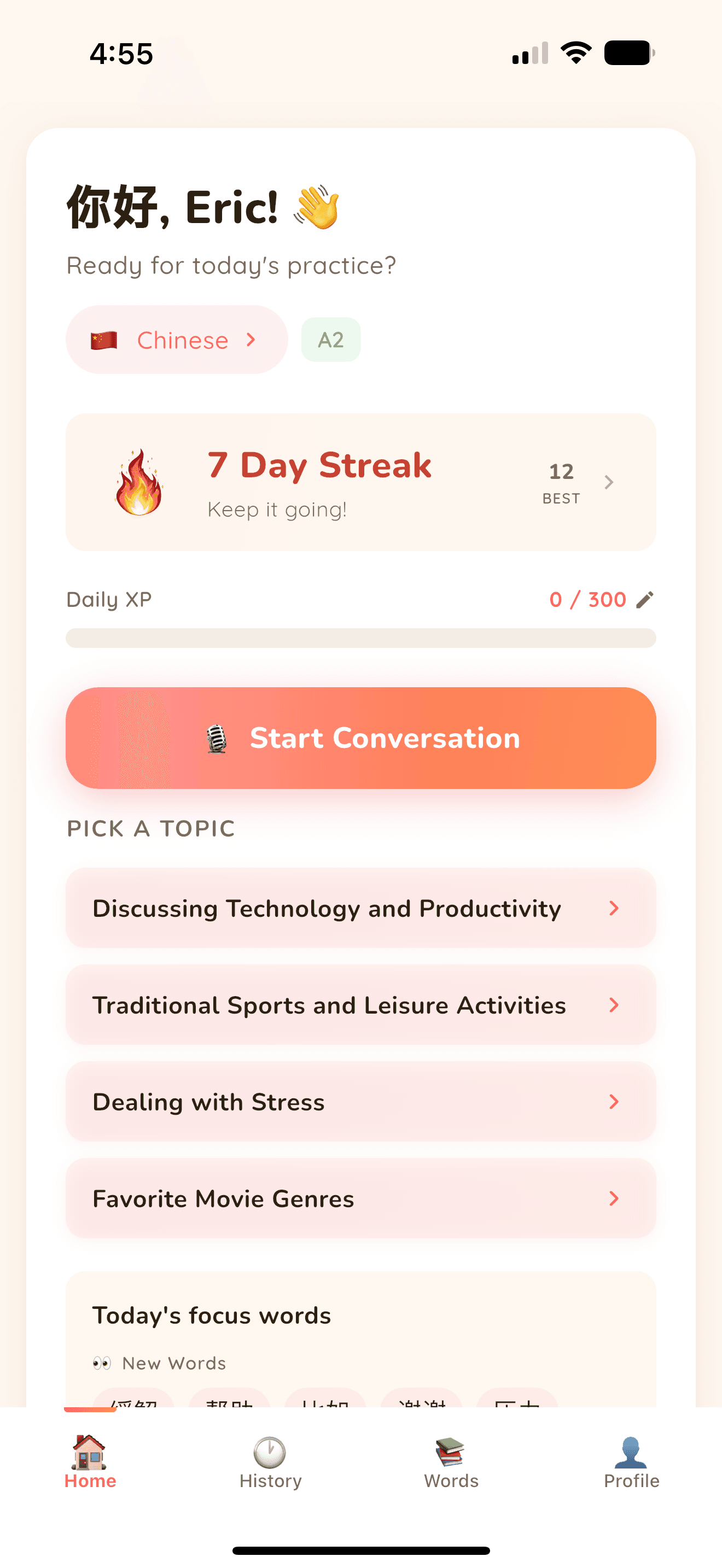 Conversa app dashboard showing AI conversation topics