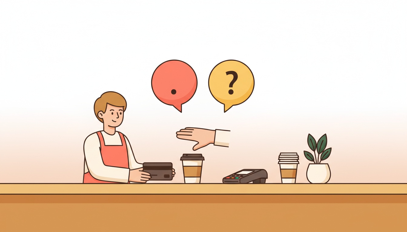A barista passes a coffee across a counter below a full-stop bubble and a question-mark bubble.