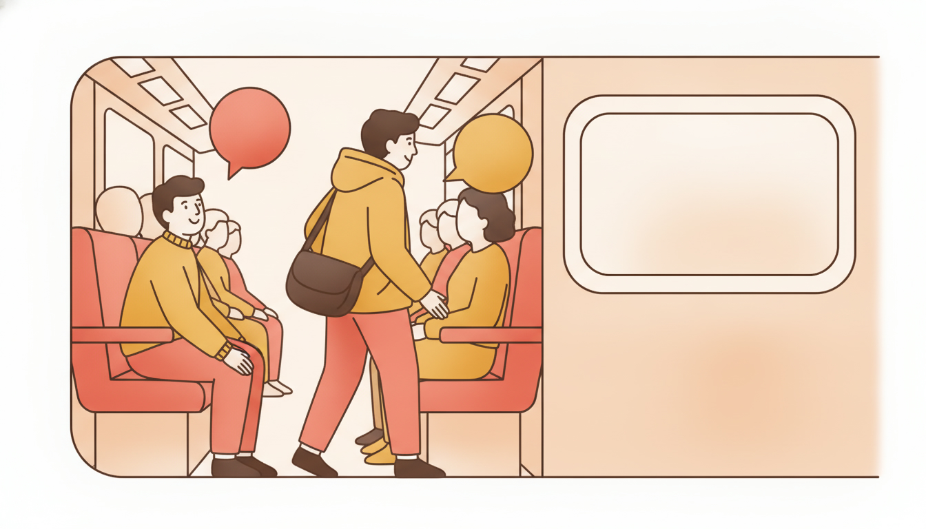 A commuter squeezes down a crowded train aisle between two empty coral and yellow speech bubbles.