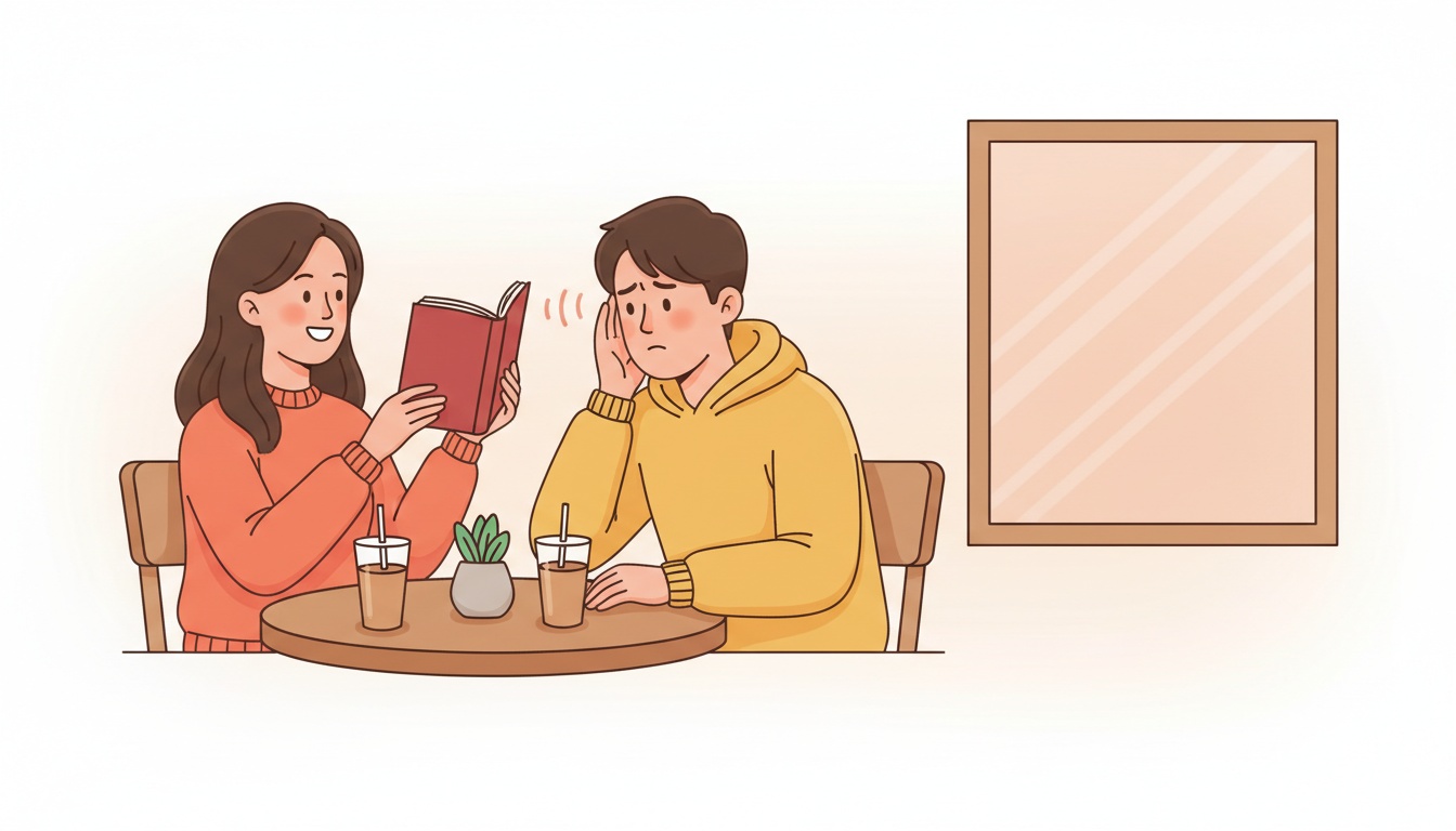 A woman in a café holds up a red book while her puzzled friend cups his ear to listen.
