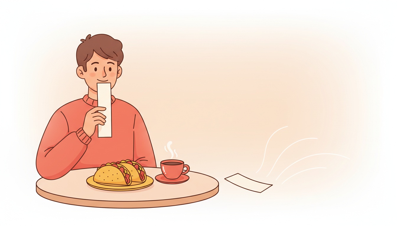 A person at a café table holds a paper strip to their lips beside a plate of tacos and coffee.